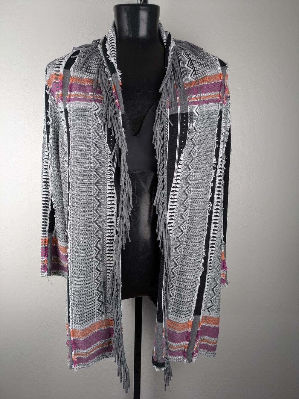 Zozo Open Front Cardigan Sweater black white colorful with fringe